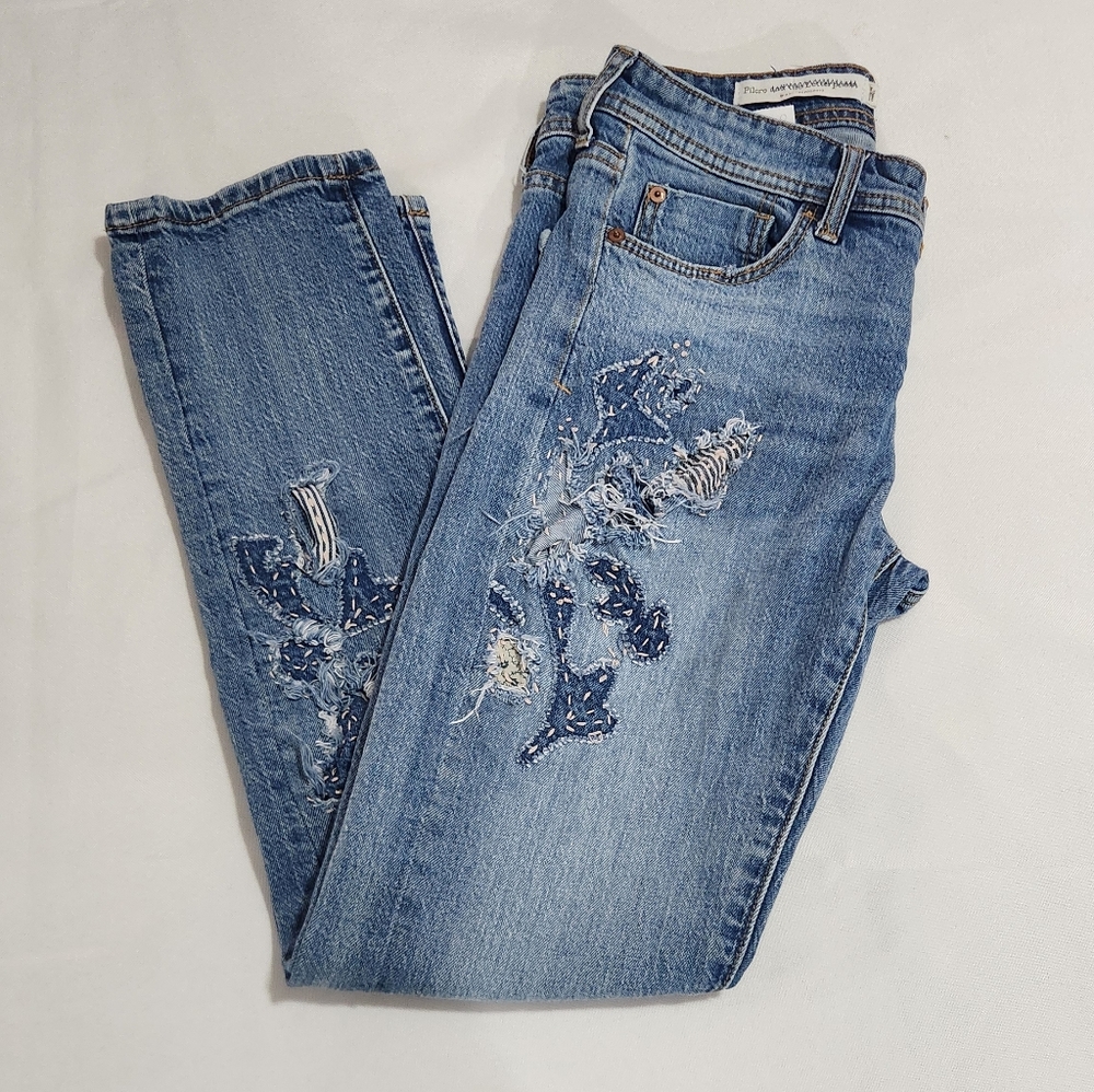 Pilcro and the Letterpress Womans Jeans Patchwork Embroidery Size 26 Blue Floral